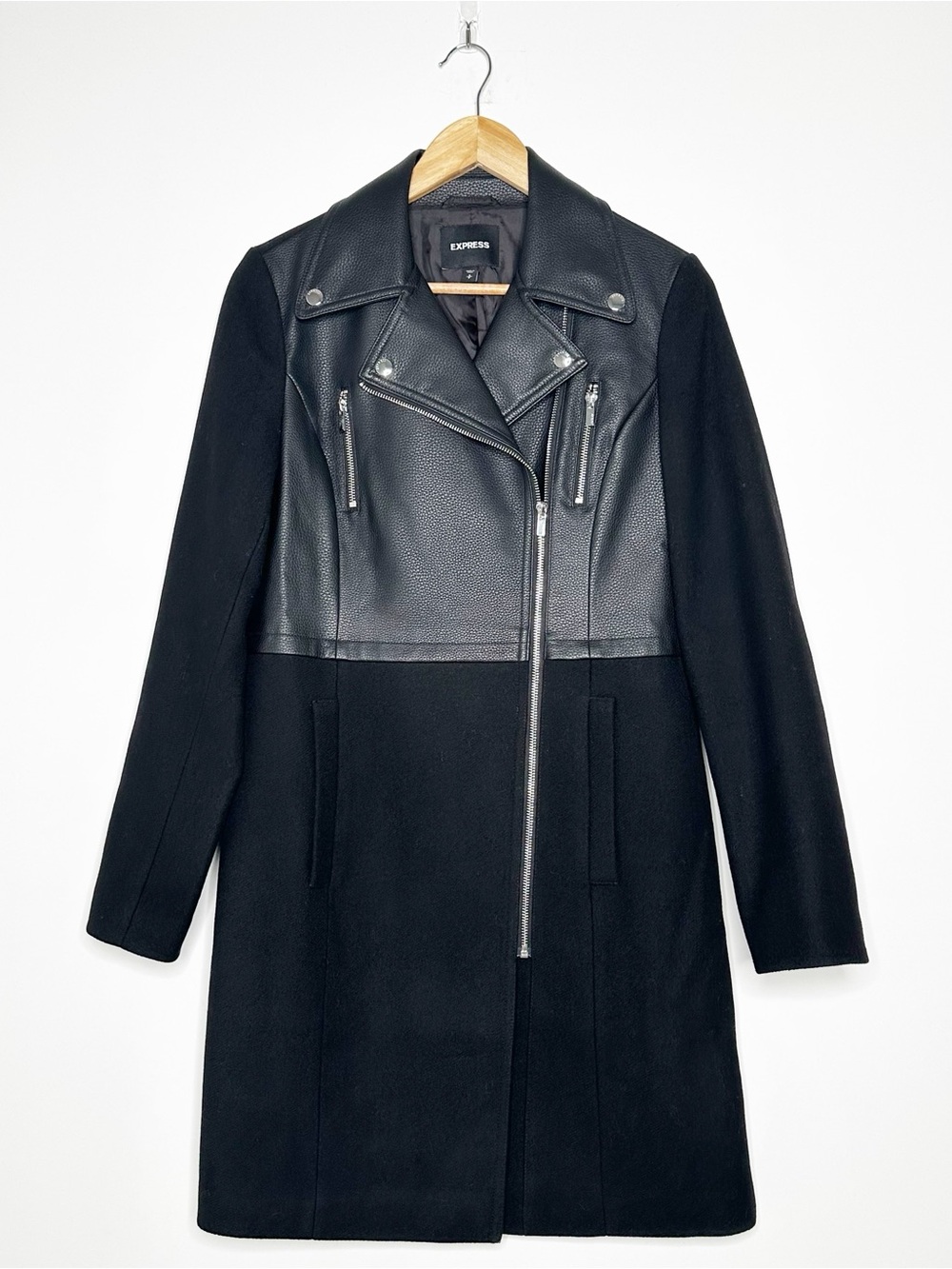 Express NEW! Black Wool Blend Faux Leather Moto Longline Jacket Coat Small - Picture 2 of 10